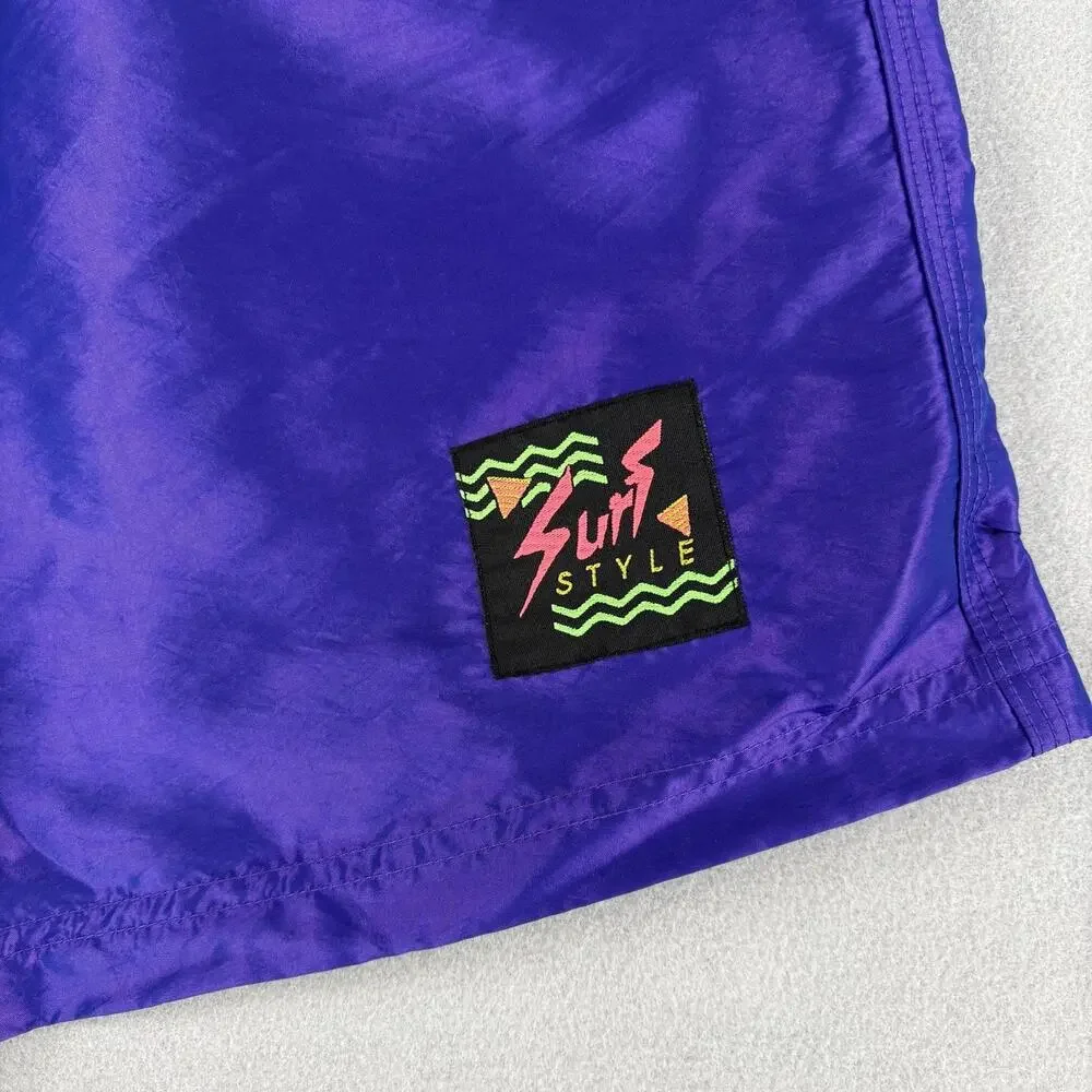 Surf Style Shorts Mens 2XL Purple Swim Trunks Mesh Lined Drawstring Neon Patch